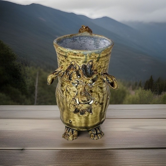 Studio Art Pottery Loopy‎ Face Lion Warthog Goblin Mug Cup Unique Rare Signed - Picture 1 of 7